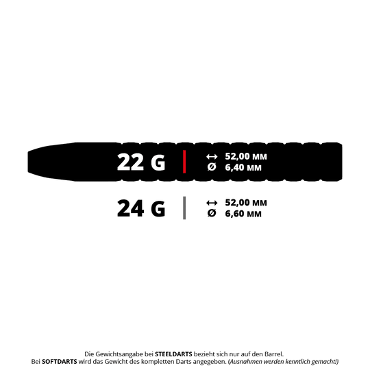 Das Bild zeigt die Spezifikationen für Steeldarts mit 22 g und 24 g Gewicht. Beide Darts sind 52,00 mm lang, wobei der 22 g Dart einen Durchmesser von 6,40 mm und der 24 g Dart einen Durchmesser von 6,60 mm hat.