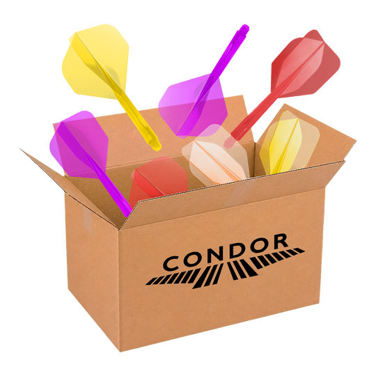 Scatola misteriosa McDart - Condor Auf diesem Bild wird die McDart Mystery-Box - Condor präsentiert. Die Box ist für Dartspieler gedacht und enthält spezielle Artikel der Marke Condor.