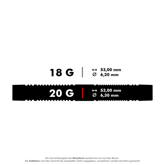 Mirino 10 freccette morbide Das Bild zeigt die technischen Daten von zwei Softdarts mit einem Gewicht von 18 g und 20 g. Beide Darts sind 53 mm lang, der Durchmesser beträgt 6,2 mm bzw. 6,3 mm.