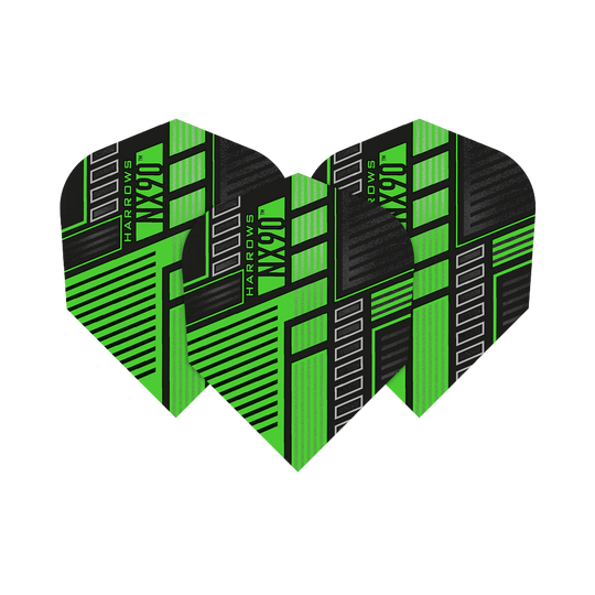 HR49_Harrows_Prime_NX90_Green_No6_Flights_15Ob7XLR5S1qp0 Harrows Prime NX90 Flights liegen nebeneinander. Die grafischen Details sind scharf abgebildet.