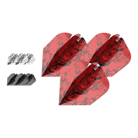 Target Ink Bundle 3 set Nathan Aspinall No6 Flights Das Bild zeigt drei Sets von Dart-Flights des Produkts "Target Ink Bundle 3 Sets Nathan Aspinall No6 Flights". Die Flights sind in Rot, Schwarz und Weiß mit auffälligem Muster gestaltet.