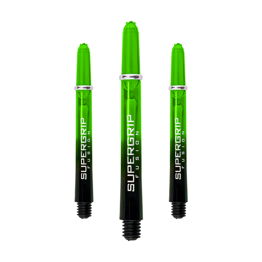 Das Bild zeigt drei grüne Harrows Supergrip Fusion Shafts für Dartpfeile. Die Shafts sind durchsichtig und haben einen schwarzen unteren Teil mit weißer Aufschrift.
