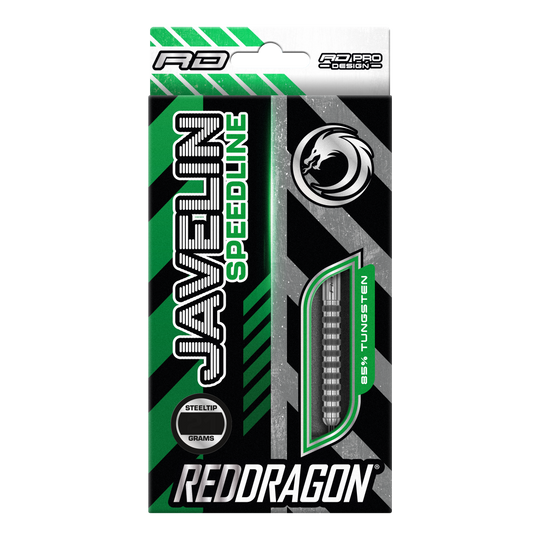 Freccette in acciaio Red Dragon Javelin Speedline Die Abbildung zeigt die Verpackung der "Red Dragon Javelin Speedline Steeldarts". Die Packung ist grün, schwarz und silber, mit einem Sichtfenster für die Darts und auffälligem Drachen-Logo.