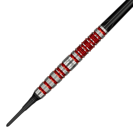 Freccette morbide Target Black Marque Spinel - 21,5 g Target Black Marque Spinel Softdarts - 21,5g ist ein hochwertiger Softdart. Das Bild zeigt das schwarze Dartpfeil-Design mit markanten Elementen.