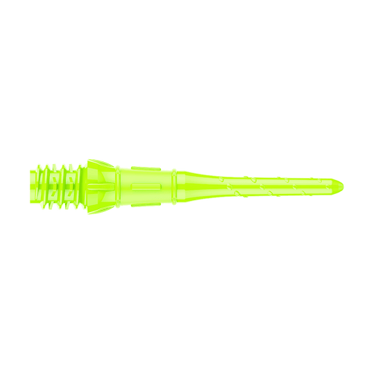 Premium Lippoints (30er Pack) - Spitzen Das Bild zeigt eine neon-gelbe Dartspitze. Sie ist schmal, lang und hat ein geripptes Ende für den festen Halt im Dartbarrel.