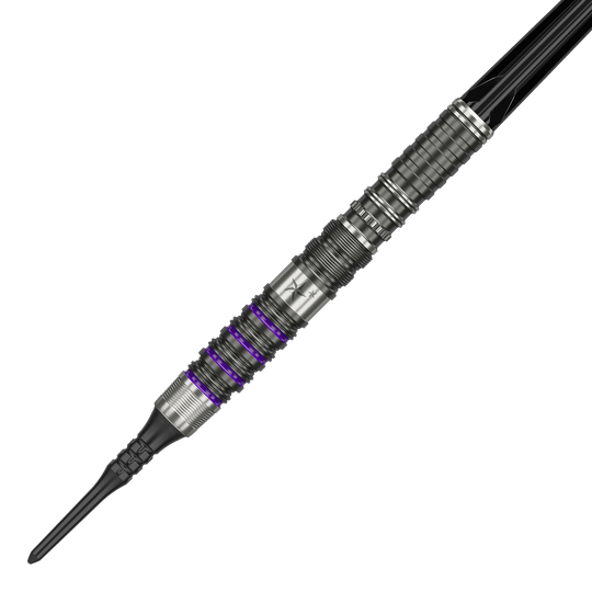 Target Japan Prime Series Yuta Hayashi Sirius GEN3 MAX Freccette morbide - 21,5 g Dies ist ein Softdart aus der Target Japan Prime Series, Modell Yuta Hayashi Sirius GEN3 MAX mit 21,5g. Er besitzt ein silbernes Design mit feinen Rillen und lilafarbenen Akzenten.