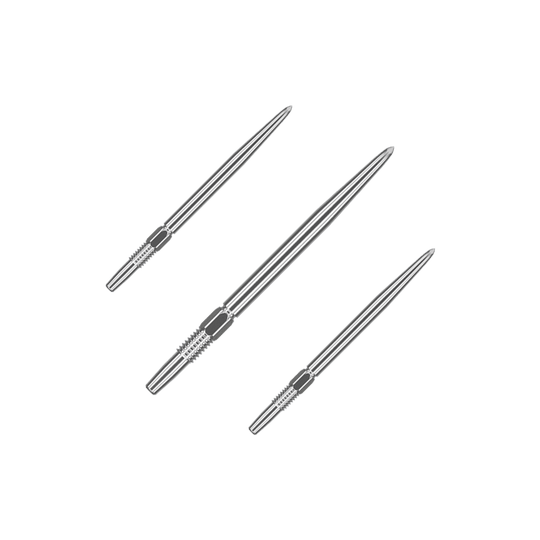 Punte per freccette Target Swiss Point Silver Das Bild zeigt drei silberne Dartspitzen, die nebeneinander liegen. Sie sind lang und haben an einem Ende eine strukturierte Griffzone.