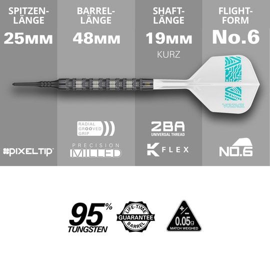 Freccette morbide Target Rob Cross 95K Swiss Point - 18 g Das Bild zeigt den Target Rob Cross 95K Swiss Point Softdart mit 18 Gramm Gewicht. Es werden die Längen der Spitze, des Barrels, des Schafts und der Flight-Form sowie wichtige Merkmale wie 95% Tungsten und lebenslange Garantie hervorgehoben.