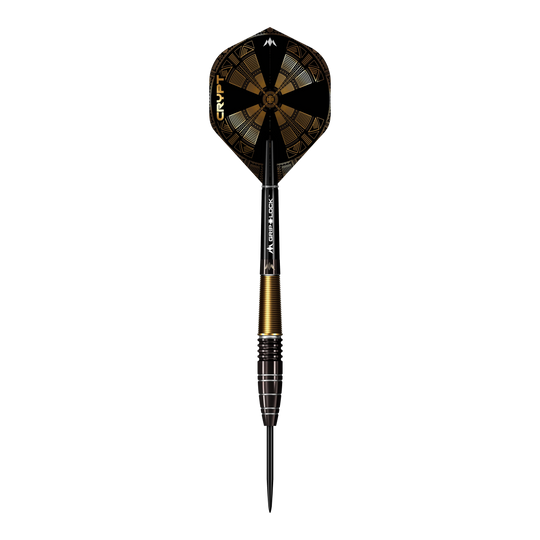 Freccette in acciaio Mission Crypt modello 1 - 22 g Das Bild zeigt einen Mission Crypt Model 1 Steeldart mit einem Gewicht von 22g. Der Dart ist schwarz-gold gefärbt und hat ein geometrisches Design auf dem Flight.