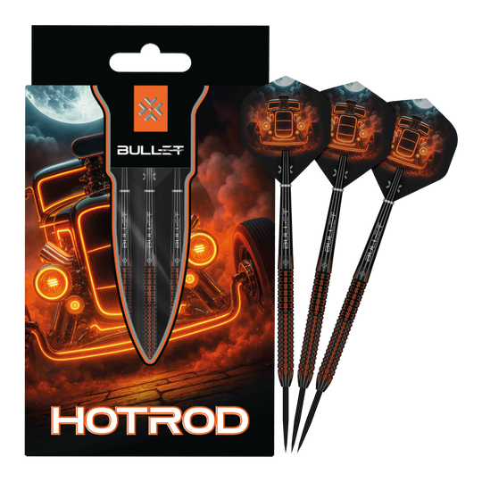 Bullet Hotrod Steeldarts sind zu sehen. Das Bild zeigt das vollständige Set der Steeldarts.