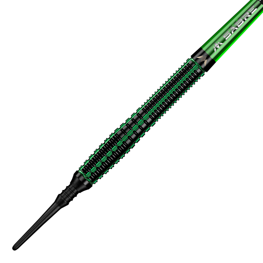 Freccette morbide Mission Venom - 20 g Das Bild zeigt einen Mission Venom Softdart mit einem Gewicht von 20 Gramm. Der Dart ist überwiegend schwarz mit grünen Akzenten und einem schlanken Design.