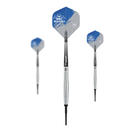 Bulls Martin Schindler Original Generation 2 freccette morbide Das Bild zeigt drei Softdarts aus der Serie "Bulls Martin Schindler Original Generation 2". Die Darts haben silberne, gerillte Barrels und Flights mit blau-grauem Design.
