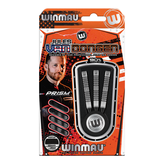 Freccette morbide Winmau Jules Van Dongen - 20g Das Bild zeigt eine Verpackung der "Winmau Jules Van Dongen Softdarts - 20g". In der Packung befinden sich drei Softdarts mit 90% Tungsten.