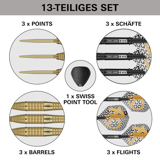 Freccette in acciaio Target Bolide Envy 05 Swiss Point Das Bild zeigt die Target Bolide Envy 05 Swiss Point Steeldarts. Die Darts liegen deutlich sichtbar auf einem dunklen Hintergrund.
