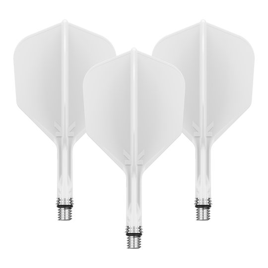 Target K-Shift No6 Flights - Bianco Zu sehen ist ein Flight-Set namens 410540_Target_KShift_No6_Flights_Wei_19mm_1Set. Mehrere weiße Flights sind gemeinsam präsentiert.