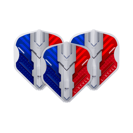 Alette L-Style V-Series V1 Tipo B Francia Bianco Trasparente L1EZ Das Bild zeigt drei Dartflights in den Farben Blau, Weiß und Rot, die die französische Flagge darstellen. Auf den Flights steht der Markenname "L-Style" und sie haben ein modernes, technisches Design.