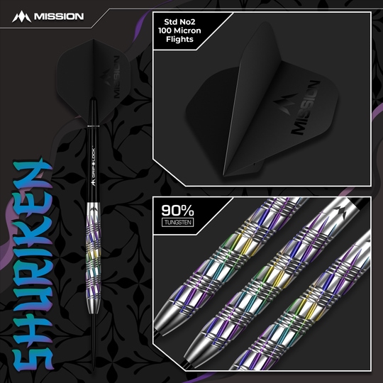 Freccette in acciaio Shuriken Mission Das Bild zeigt die Mission Shuriken Steeldarts. Diese Darts sind speziell für das Steeldart-Spiel entwickelt.