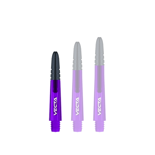 Winmau Vecta Shafts - Viola Nero Das Bild zeigt drei lilafarbene Dartschäfte mit schwarzen Spitzen. Auf jedem Schaft steht das Wort "VECTA" in weißer Schrift.