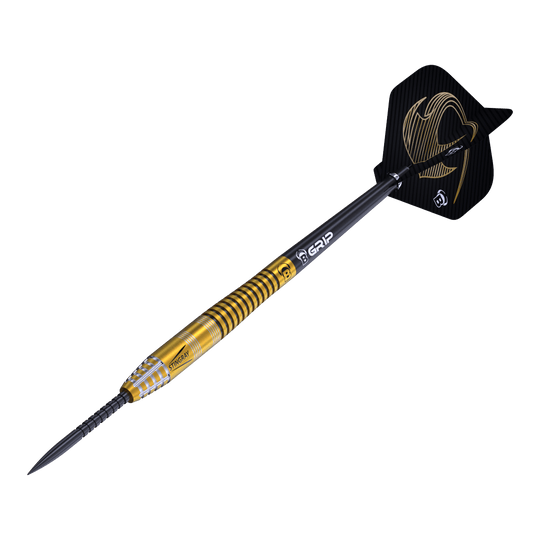 Freccette in acciaio Bulls Stingray ST3 Das Bild zeigt einen Steeldart aus der Bulls Stingray ST3 Serie. Der Dart hat einen goldfarbenen Schaft mit schwarzen Ringen und eine schwarze Flügelspitze mit goldener Verzierung.