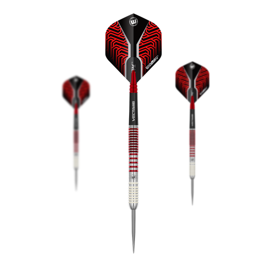 Abgebildet ist ein Set Winmau Team 360 Jack Johnson Steeldarts mit einem Gewicht von 24g. Die Pfeile sind für das Steeldartspiel geeignet.