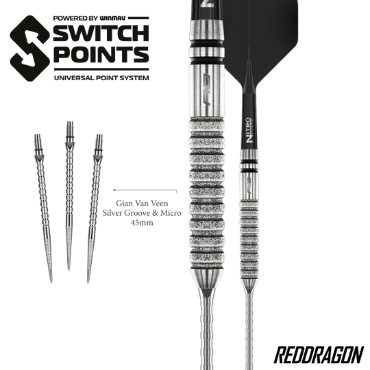 Freccette in acciaio Switch Point Red Dragon Gian Van Veen Tour Edition - 21 g Gezeigt werden die Red Dragon Gian Van Veen Tour Edition Switch Point Steeldarts - 21g aus einer anderen Perspektive. Das Design ist sportlich und funktional.