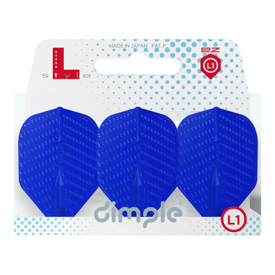Voli L-Style Dimple Champagne L1EZ Standard Auf dem Bild sind drei blaue Dart-Flights in einer Verpackung zu sehen. Die Verpackung trägt die Aufschrift "dimple" und das Logo "L-style".