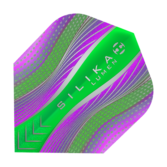 HF5125_Harrows_Silikia_Lumen_Purple_Green_No6_Flights_1 Das Bild zeigt das Produkt "Harrows Silika Lumen Purple Green No6 Flights". Das Flight ist überwiegend grün und lila mit futuristischen Mustern und dem Schriftzug "SILIKA LUMEN" in der Mitte.