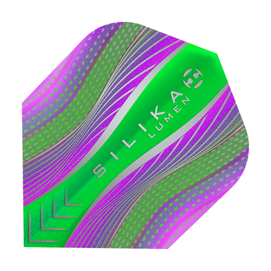 HF5125_Harrows_Silikia_Lumen_Purple_Green_No6_Flights_1 Harrows Silika Lumen Purple Green No6 Flights mit auffälligem Farbverlauf. Die Flights sind fächerförmig sichtbar.