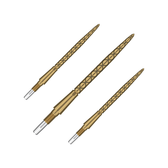Punte per freccette Target Swiss Storm Diamond Point - Oro Das Bild zeigt drei goldene Dartspitzen mit einem rautenförmigen Muster. Sie sind länglich und haben eine silberne Spitze zum Werfen.