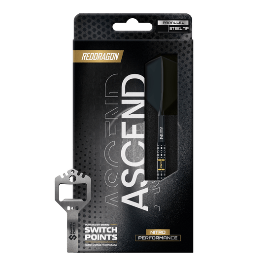 Dardi d'acciaio Red Dragon Ascend Parallel Switch Point Zu sehen sind drei Red Dragon Ascend Parallel Switch Point Steeldarts gruppiert in einer Reihe. Die Darts heben ihre hochwertige Verarbeitung hervor.