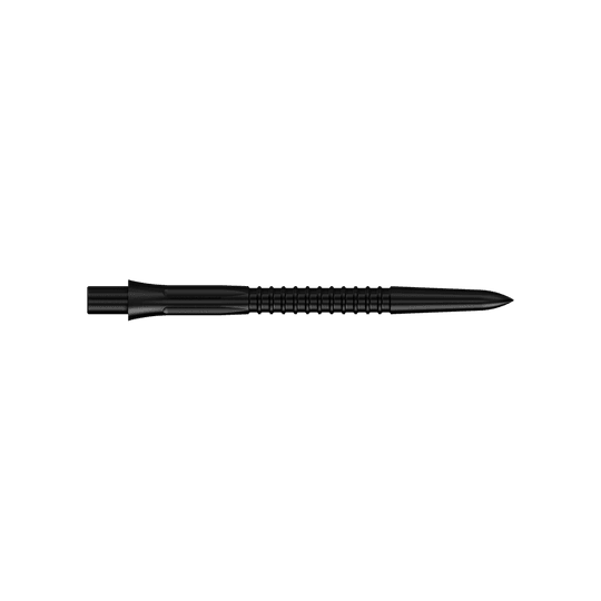 Punte per freccette Mission Caliburn EVO GV1 - Nere Schwarze Steeldartspitzen, 32 mm lang aus der Misson Caliburn EVO GV1 Serie. Die Aufnahme zeigt zwei Dartspitzen nebeneinander.