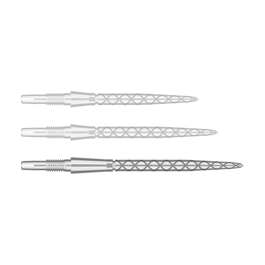 Punte per freccette Target Swiss Storm Diamond Point - Argento Das Bild zeigt drei silberne Dartspitzen mit einem Rautenmuster auf der Spitze. Sie sind nebeneinander und parallel ausgerichtet.