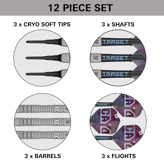 Freccette morbide Target Cryo 13 Hier sieht man die Target Cryo 13 Softdarts. Das Produkt ist detailliert fotografiert, damit die Qualität erkennbar ist.