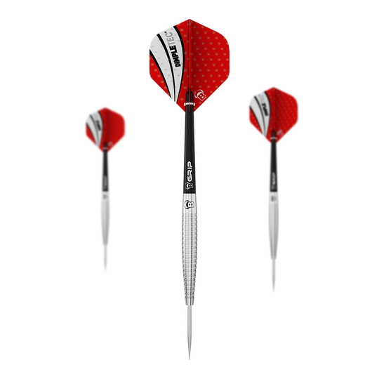 Freccette in acciaio Bulls Dot D6 Das Bild zeigt drei Steeldarts mit roten Flights und silbernen Spitzen. Die Flights haben ein weiß-schwarzes Muster mit dem Aufdruck "PIMPLETEC".