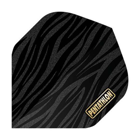 Voli Pentathlon RT Zebra Das Bild zeigt ein Dartflight mit einem Zebra-Muster in Schwarz und Grau. In der unteren Ecke steht das Wort "Pentathlon" in gelber Schrift.