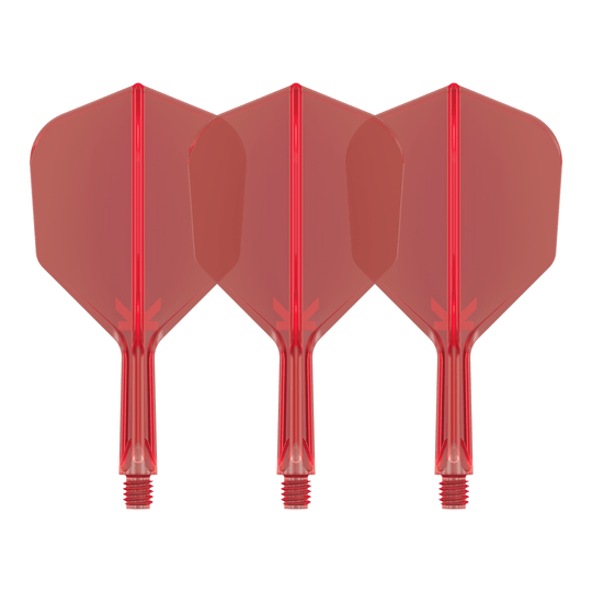 Sistema di volo Target K-Flex No6 - Rosso Auf dem Bild sind drei rote Dart-Flights mit Shafts zu sehen. Sie sind identisch und stehen nebeneinander auf weißem Hintergrund.