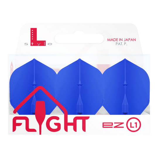L-Style Champagne L1EZ Standard Flights Das Bild zeigt eine Verpackung mit drei blauen Dart-Flights der Marke "L-Style Champagne L1EZ Standard". Auf der Verpackung steht "Made in Japan" und die Marke ist deutlich sichtbar.