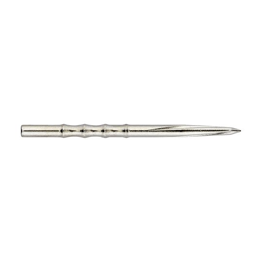 Punte per freccette in acciaio smerlato Unicorn Volute Das Bild zeigt eine silberne Steeldartspitze mit einem gerillten Design. Die Spitze ist schlank und hat eine profilierte, leicht gewellte Oberfläche.