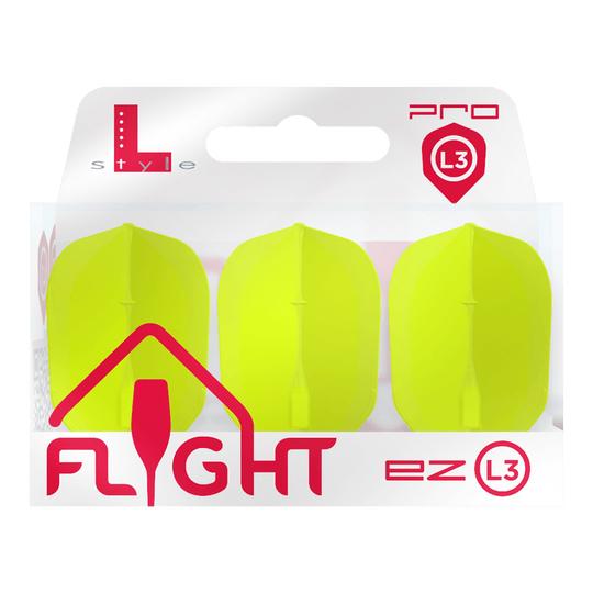 Das Bild zeigt eine Packung mit drei neon-gelben Dart-Flights der Marke L-Style. Auf der Verpackung steht „FLIGHT ez L3 Pro“.