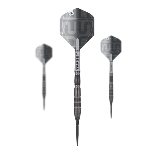 Freccette in acciaio Target Nathan Aspinall X Echo Swiss Point Das Bild zeigt drei Steeldarts des Modells "Target Nathan Aspinall X Echo Swiss Point". Die Darts haben ein modernes, silber-schwarzes Design mit dem Schriftzug "TARGET" auf dem Schaft.