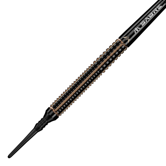 Freccette morbide Mission Scorpion - 19 g Das Bild zeigt einen Mission Scorpion Softdart mit einem Gewicht von 19 Gramm. Der Dart hat ein elegantes, schwarzes Design mit goldfarbenen Akzenten.