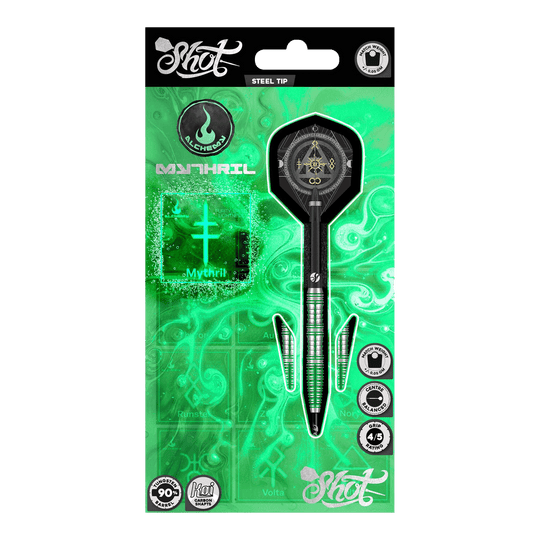 Dieses Bild zeigt die Shot Alchemy Mythril Steeldarts. Das Design der Steeldarts ist detailliert und modern.