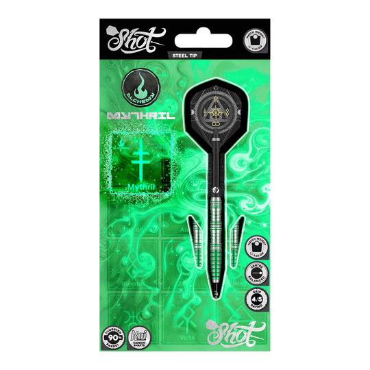 Freccette in acciaio Mythril di Shot Alchemy Dieses Bild zeigt die Shot Alchemy Mythril Steeldarts. Das Design der Steeldarts ist detailliert und modern.