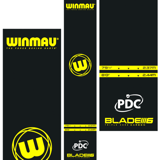 Tappetino per freccette in PVC Winmau Pro-Zone Essential Das Bild zeigt die Winmau Pro-Zone Essential PVC Dartmatte mit auffälligen gelben Logos und Markierungen. Die Matte zeigt Abwurflinien in den Längen 2,37 m und 2,44 m sowie die Logos von Winmau, PDC und Blade 6.
