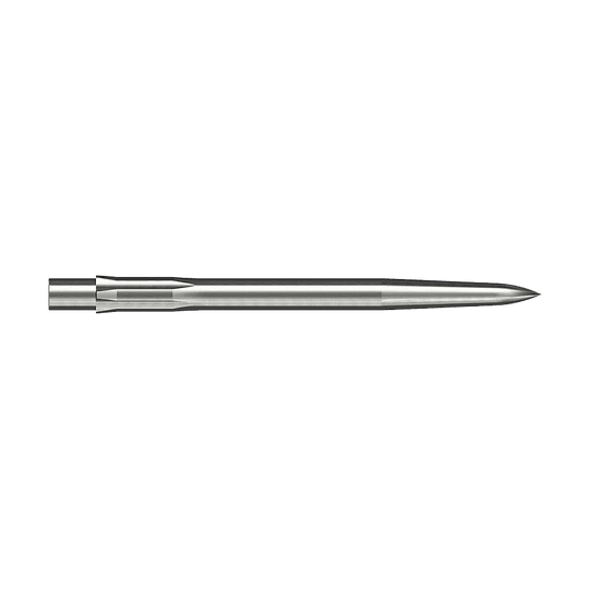 Dies ist eine silberne, glatte Steeldartspitze. Sie hat eine Länge von 32 mm und ist schlank und spitz geformt.