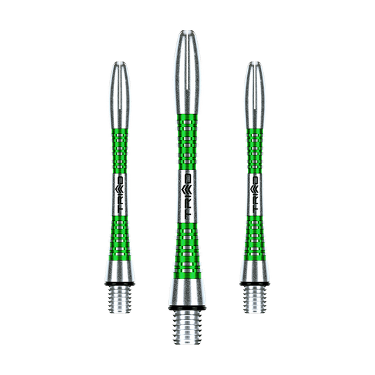 7013-403_Winmau_Triad_Aluminium_Shafts_Gr-n_41mm_1LUSPmNeAebMpS Winmau Triad Aluminium Shafts einzeln angeordnet. Die Schäfte zeigen geradlinige Strukturen.