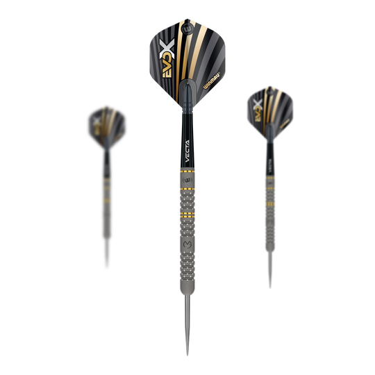 Freccette in acciaio Winmau Michael Van Gerwen Evo-X Das Bild zeigt drei Winmau Michael Van Gerwen Evo-X Steeldarts mit schwarzer und goldener Optik. Die Darts haben ein modernes Design und sind in einer Vorder- und zwei Seitenansichten dargestellt.