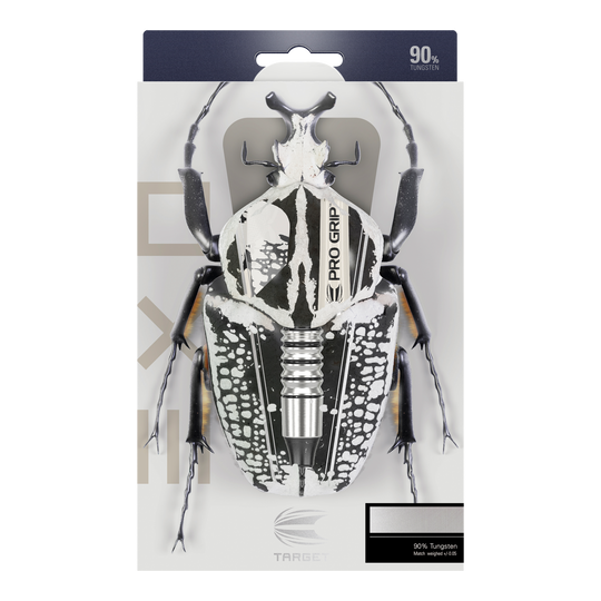 Freccette morbide Target EXO 10 Die Verpackung zeigt die Target EXO 10 Softdarts, bei denen ein Dartpfeil kreativ als Teil eines Käfers dargestellt ist. Oben steht, dass die Darts aus 90 % Tungsten bestehen.