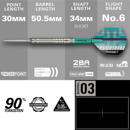 Freccette in acciaio Target Hydro 03 Swiss Point Das Bild zeigt die Target Hydro 03 Swiss Point Steeldarts. Die Darts sind auf hellem Hintergrund gut sichtbar dargestellt.