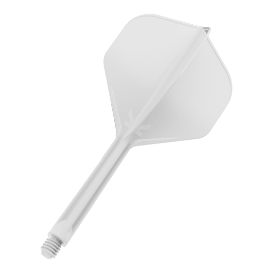 Target K-Flex No2 Standard Flight System - Bianco Das Bild zeigt einen weißen Dartflügel mit integriertem Schaft. Der Schaft hat ein Schraubgewinde am Ende zur Befestigung am Dartpfeil.